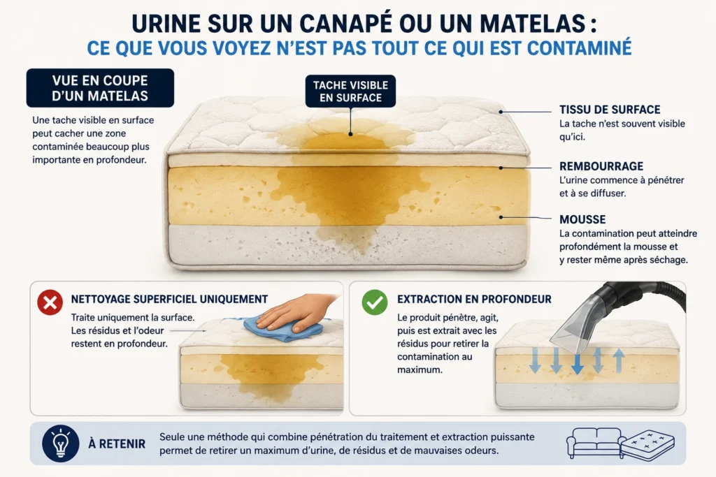 Comment l’urine pénètre dans un canapé ou un matelas Illustration montrant la pénétration de l’urine dans le tissu et la mousse d’un canapé ou d’un matelas