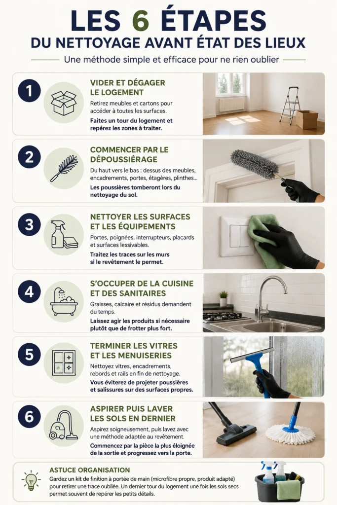 Infographie des 6 étapes du nettoyage avant un état des lieux
