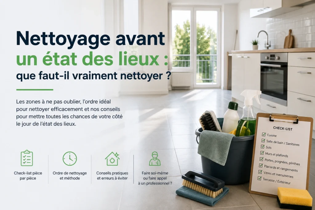 Nettoyage avant un état des lieux dans un logement avec matériel de nettoyage
