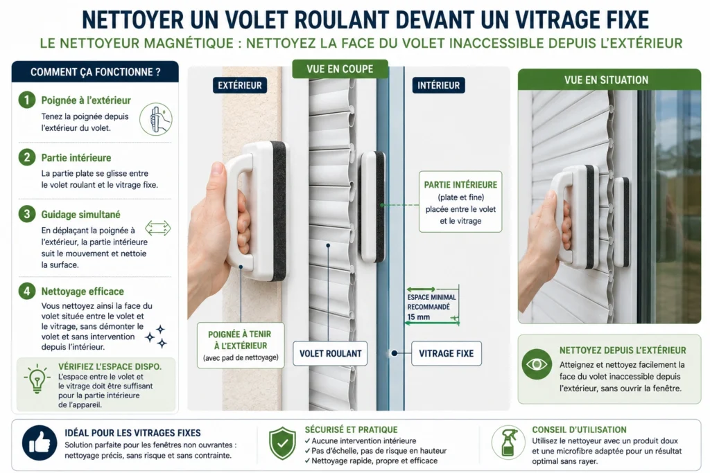 Nettoyeur magnétique permettant de nettoyer un volet roulant devant un vitrage fixe