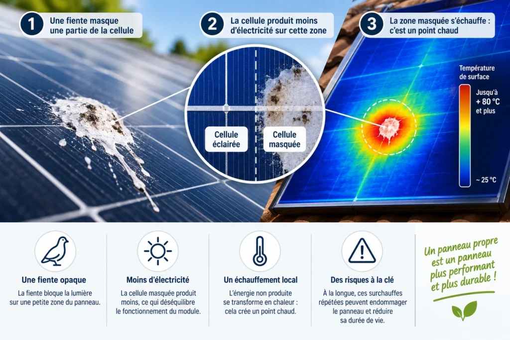 Schéma montrant comment une fiente d'oiseau peut créer un point chaud sur un panneau solaire