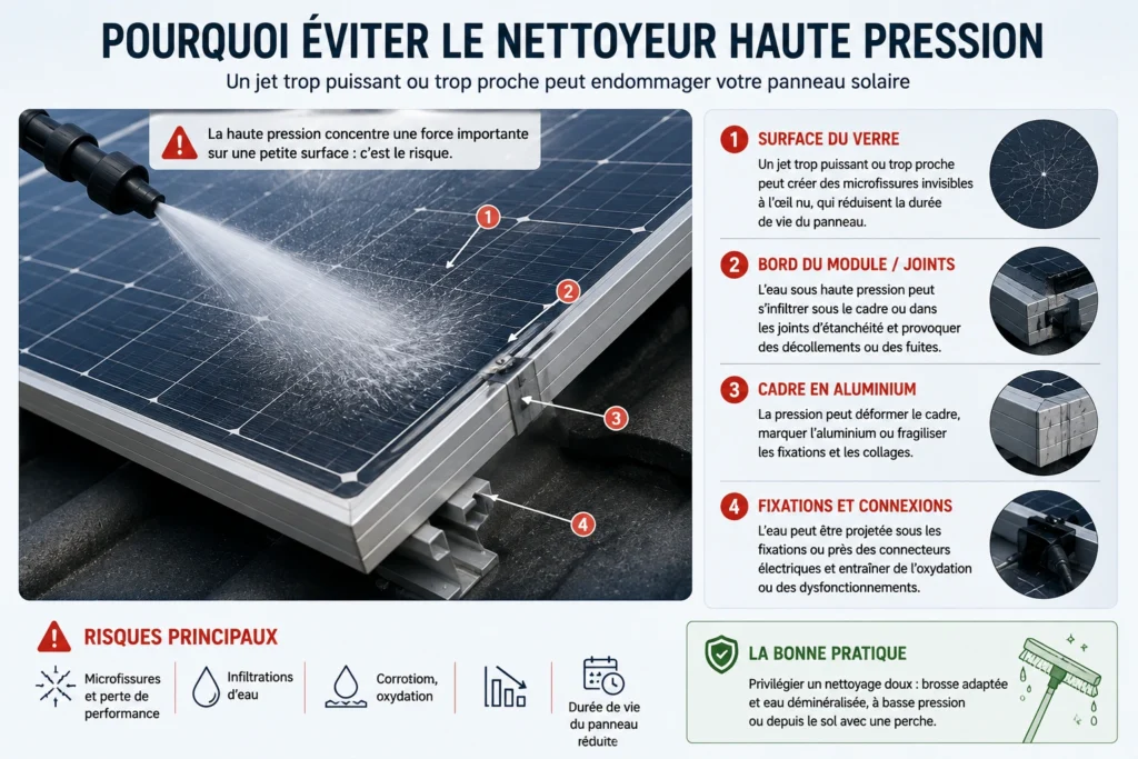 Schéma des risques du nettoyeur haute pression sur les panneaux solaires